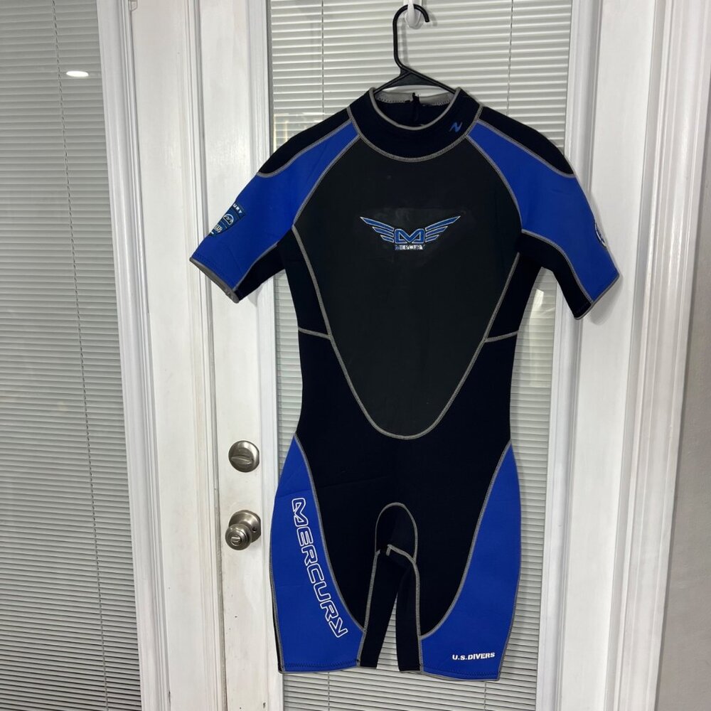 U.S. Divers Mercury Short Sleeve Neoprene Wetsuit LG Black & Blue With Back Zipp